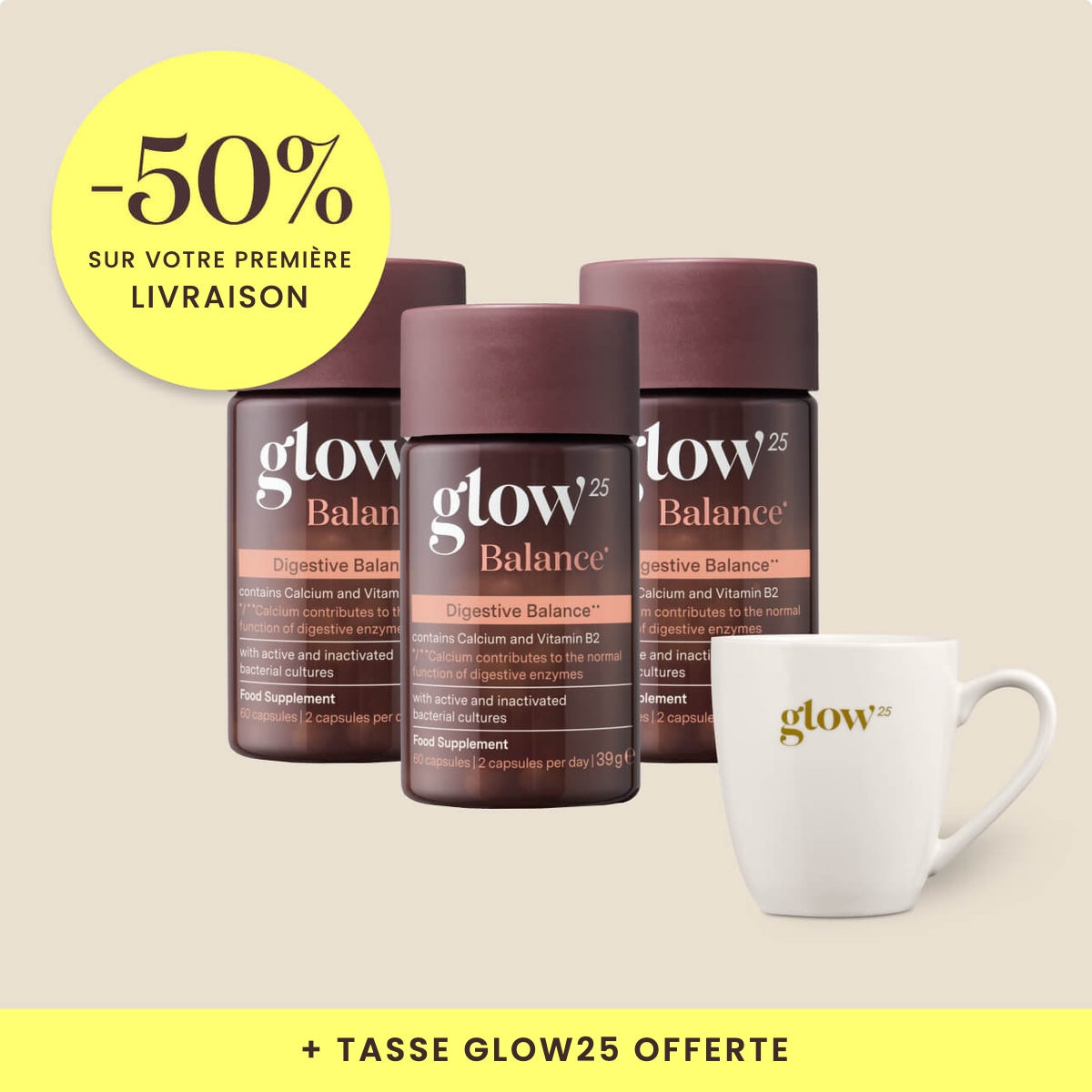 Glow25 Balance, 3 paquets avec tasse offerte, packshot Bynder