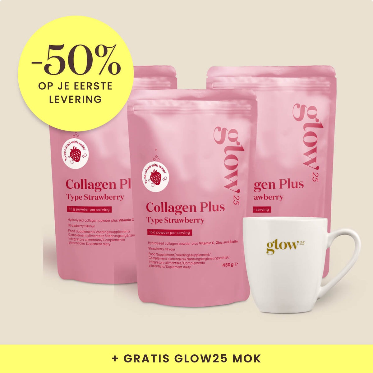 Collagen Plus Strawberry, 3 pakketten met gratis mok, Bynder-packshot