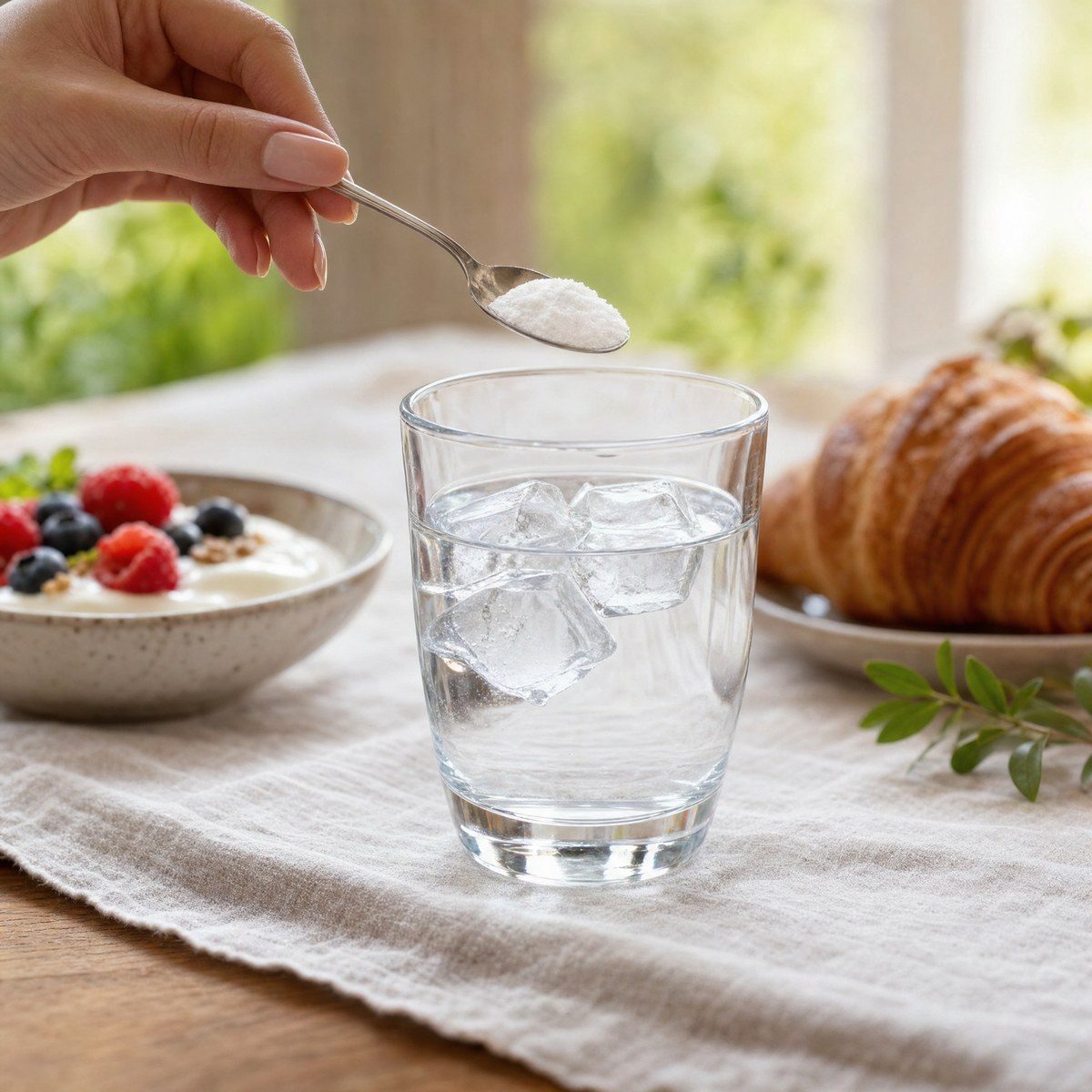Un bicchiere d'acqua con ghiaccio su un tavolo della colazione, sopra un cucchiaino con la polvere