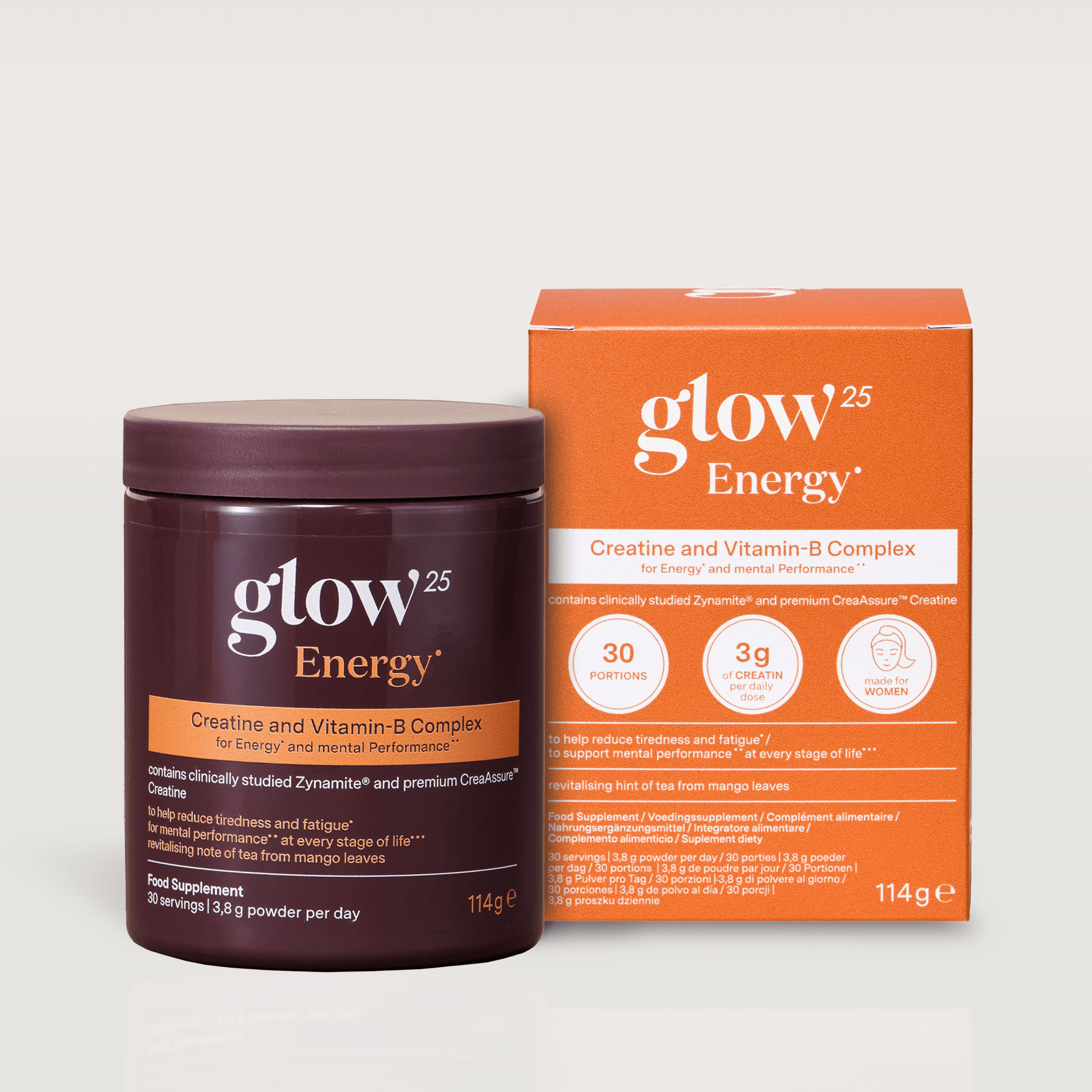Glow25 Energy powder with creatine and five B vitamins, pack