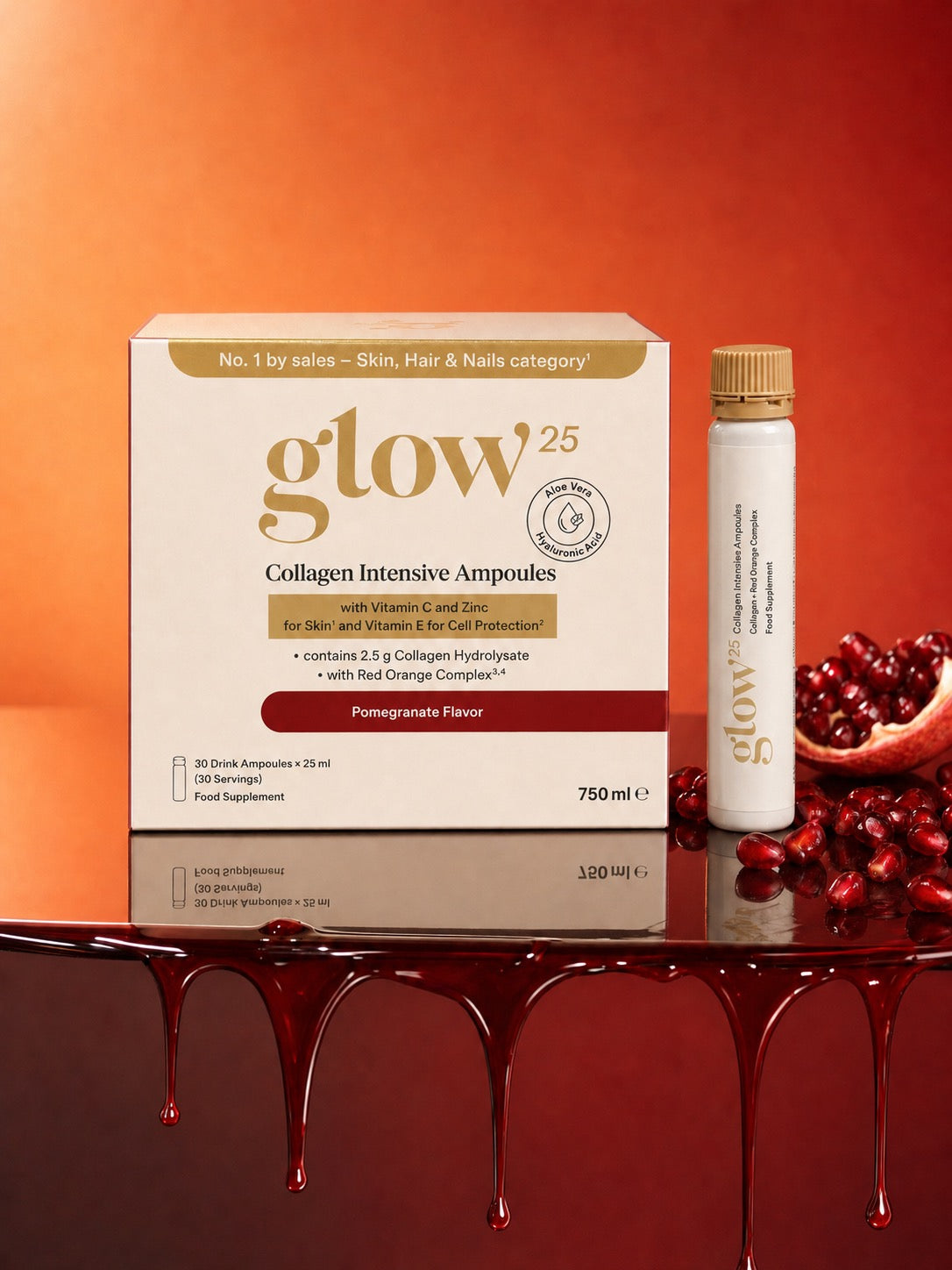 Glow25 Collageen Intensief Ampullen met granaatappelsap op een glazen plank