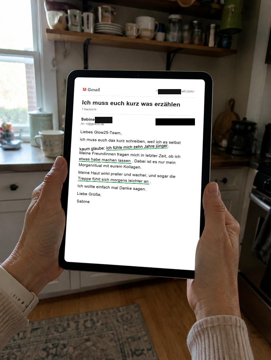 Hand einer Frau um die 50 hält ein iPad mit Sabines Nachricht auf dem Bildschirm