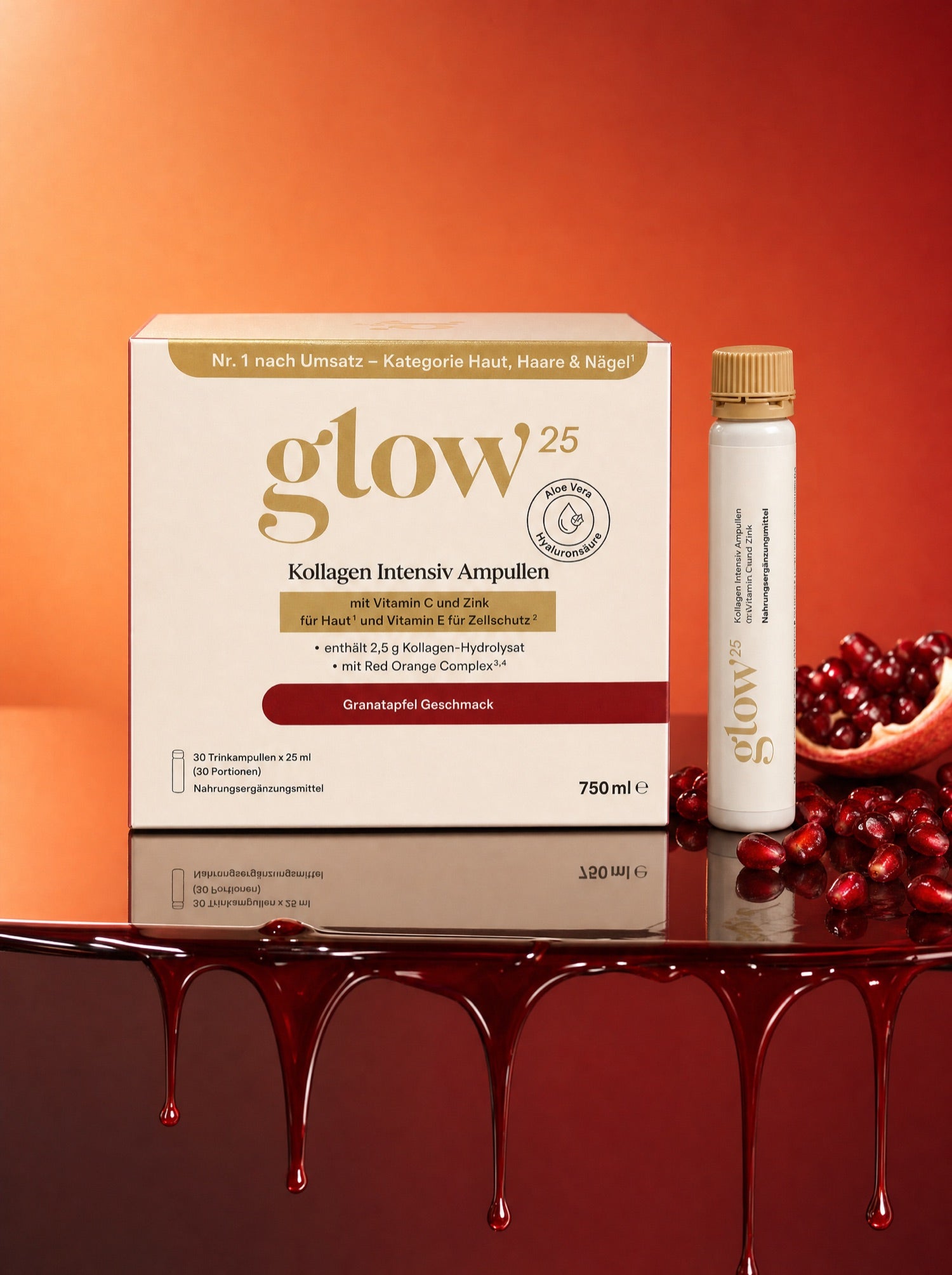 Glow25 Kollagen Intensiv Ampullen mit Granatapfelsaft auf einer Glasablage