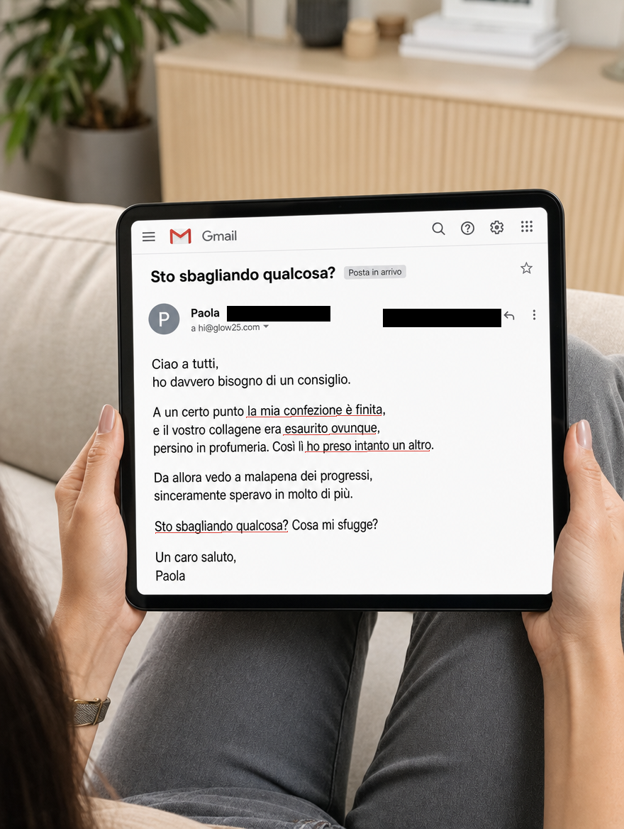 Mano di una donna sui 50 anni che tiene un iPad con il messaggio di Paola sullo schermo