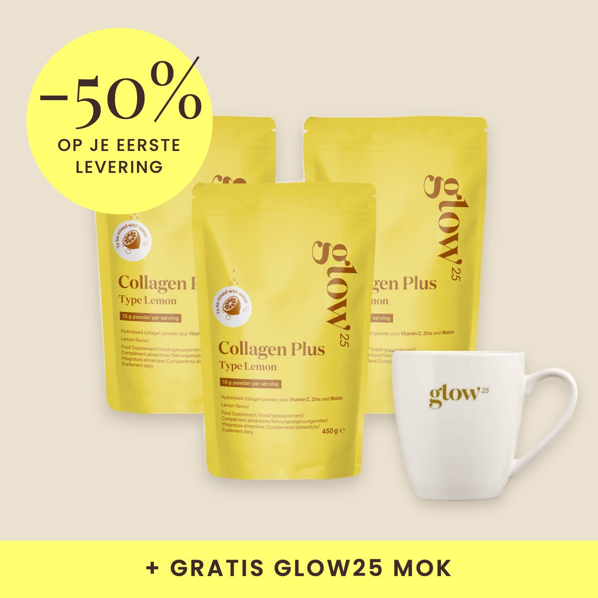 Collagen Plus Lemon, 3 pakketten met gratis mok, Bynder-packshot