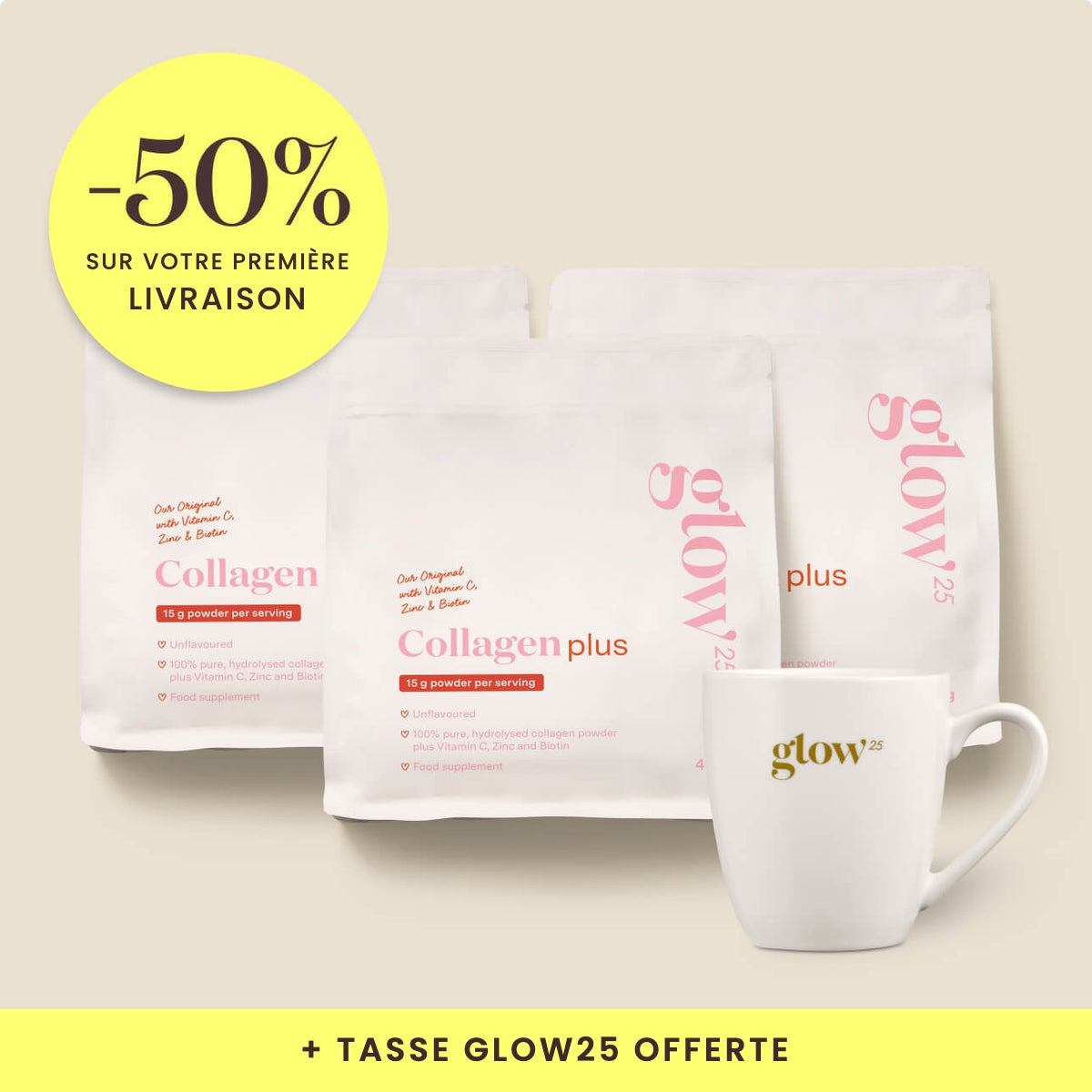 Collagène Plus, 3 paquets avec tasse offerte, packshot Bynder