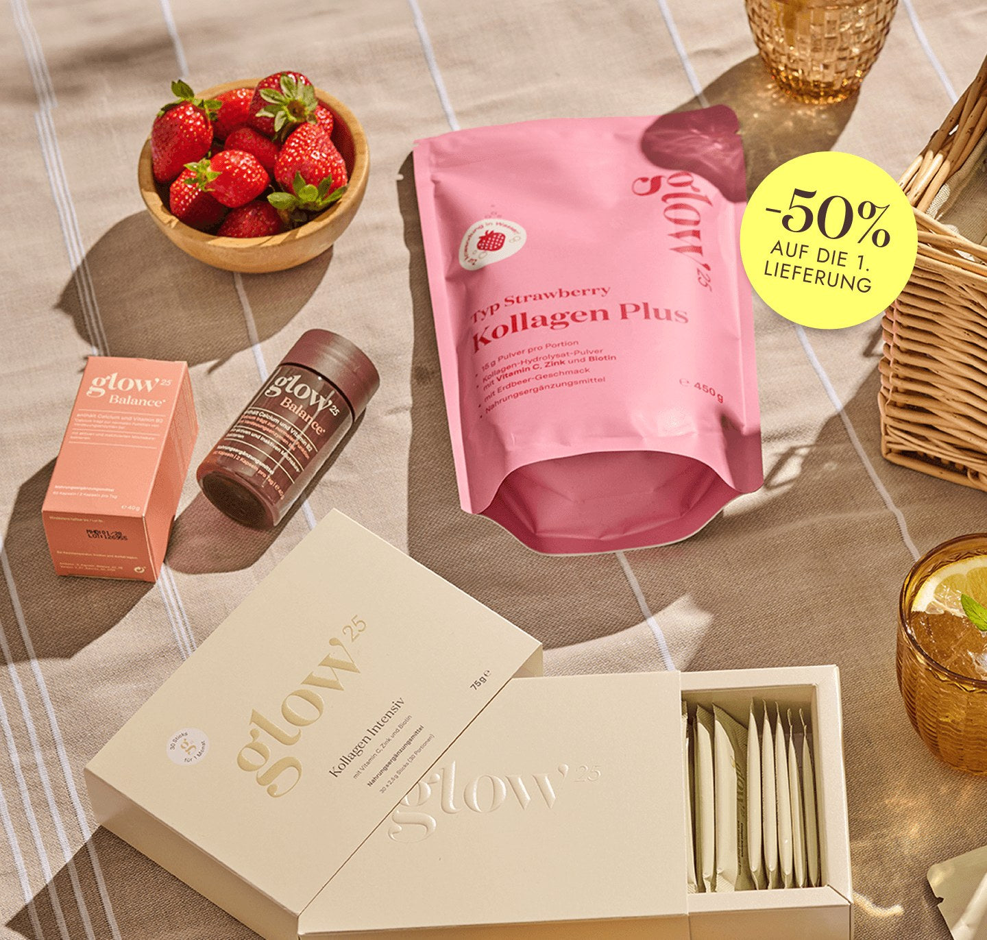 Glow25 Kollagen Plus Strawberry, Balance und Kollagen Intensiv auf einer Picknickdecke, gelber Kreis: 50 % auf die 1. Lieferung