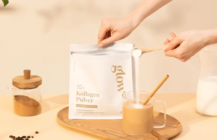 Glow25 Kollagenpulver Beutel, einfach in Kaffee einrühren für tägliche Einnahme