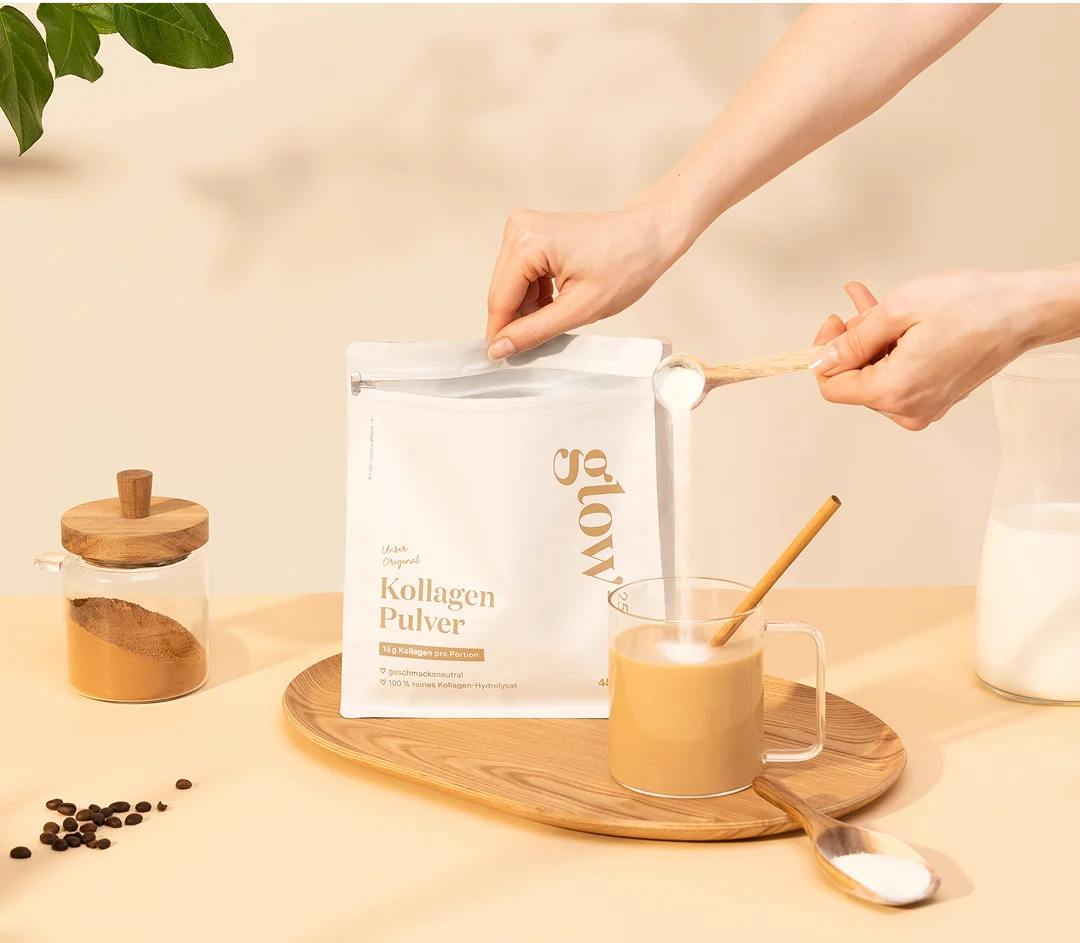 Glow25 Kollagenpulver Beutel, einfach in Kaffee einrühren für tägliche Einnahme